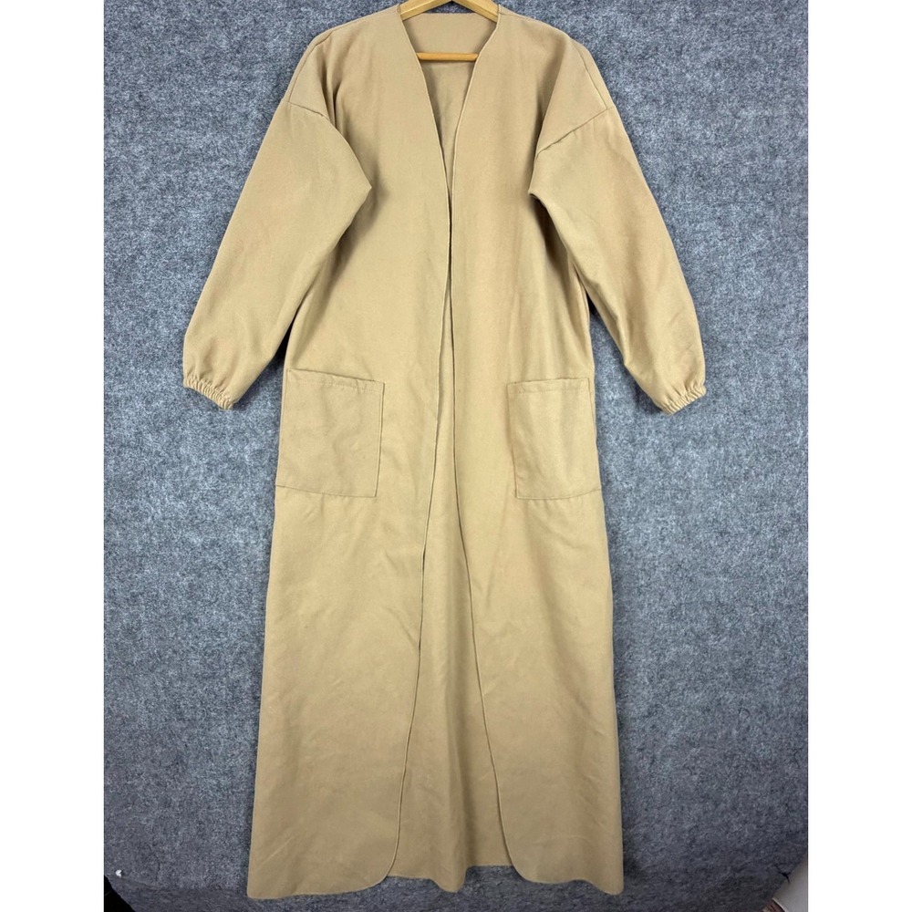 Women Faux Suede Long Trench Coat 6 Beige Duster Balloon Sleeve Open Front